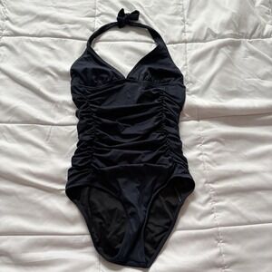 J. Crew One Piece Bathing Suit Womens 6 Blue Ruched Halter Top Nylon Beach